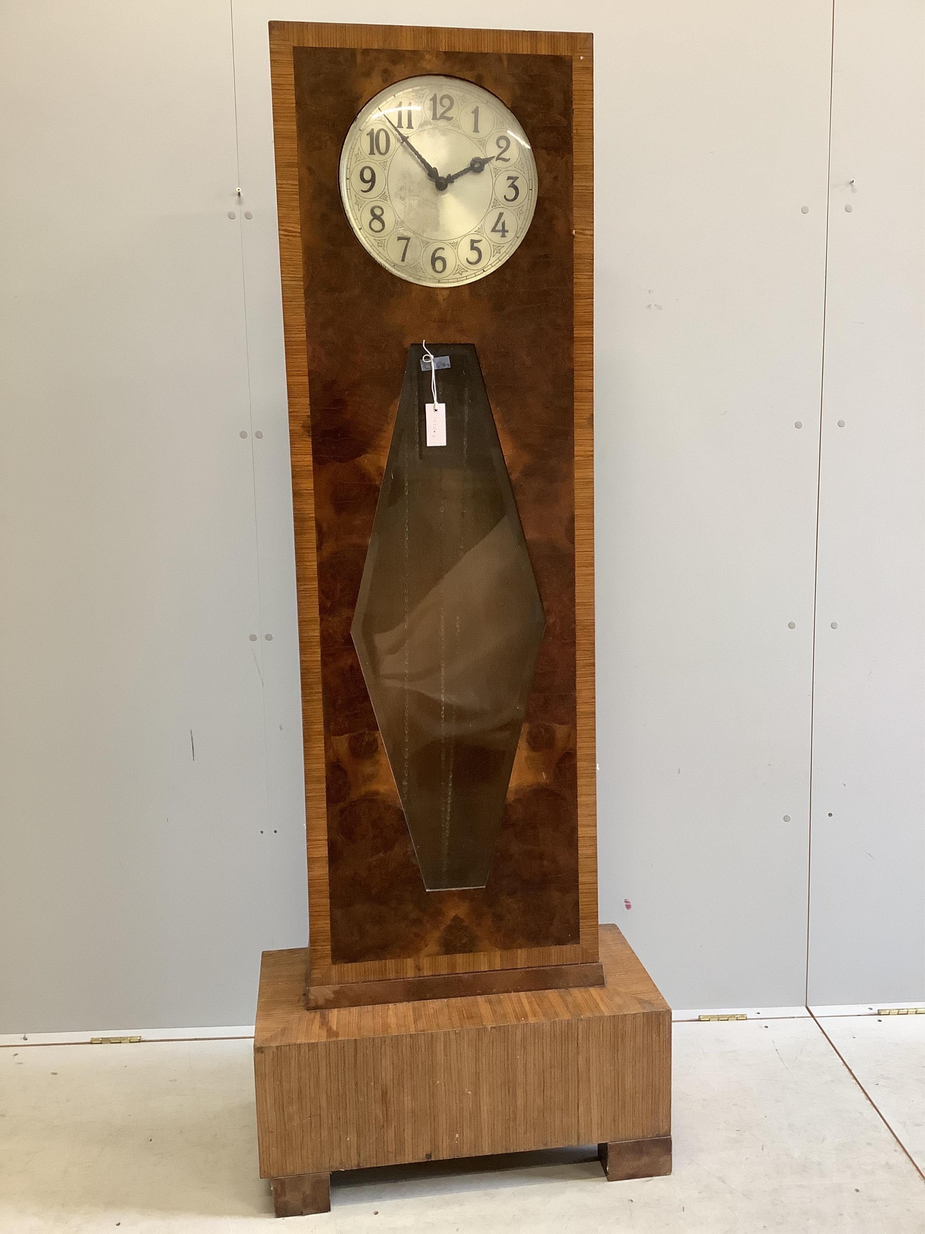 An Art Deco walnut longcase clock, height 196cm. Condition - fair